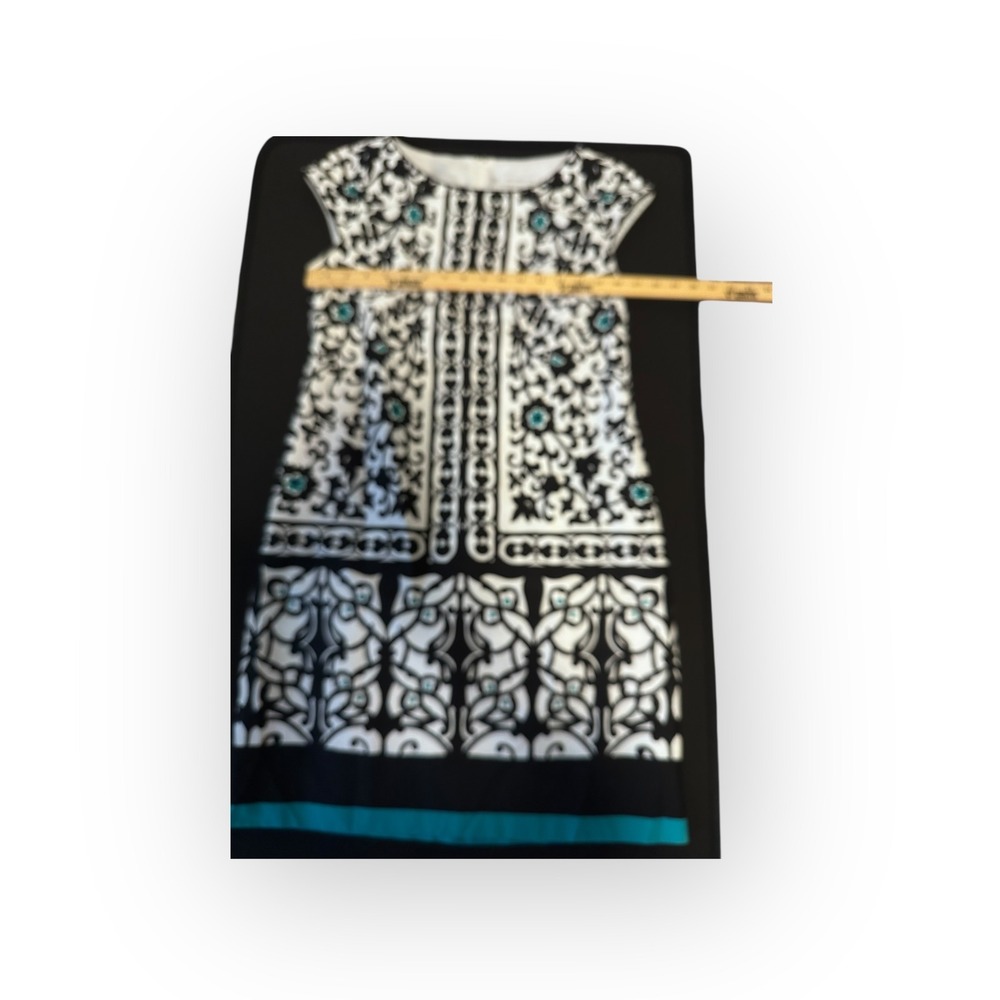Liz Claiborne Sheath Dress Size 6 Black White Turquoise Scroll Border Print - Picture 13 of 16